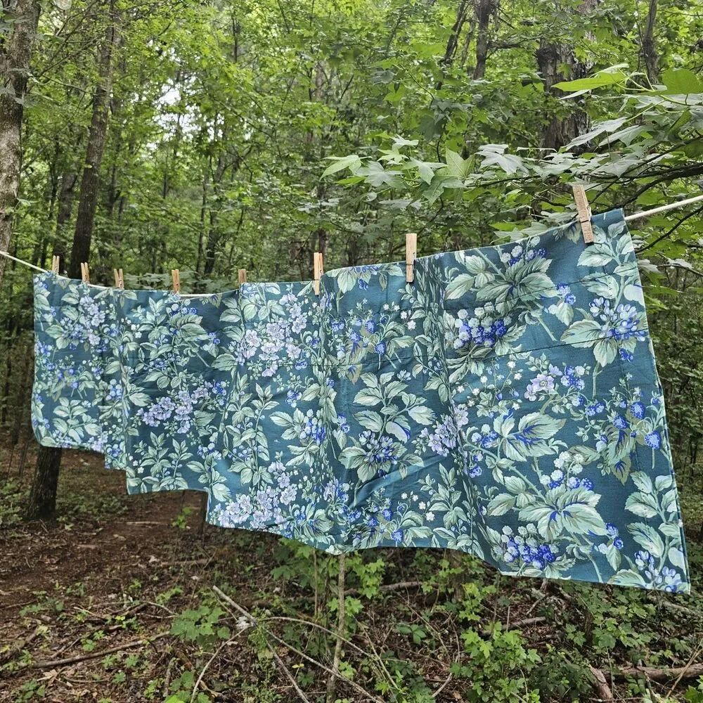 Vintage Laura Ashley Bramble Blue Floral Cottage Valence Curtain Panel 18x83